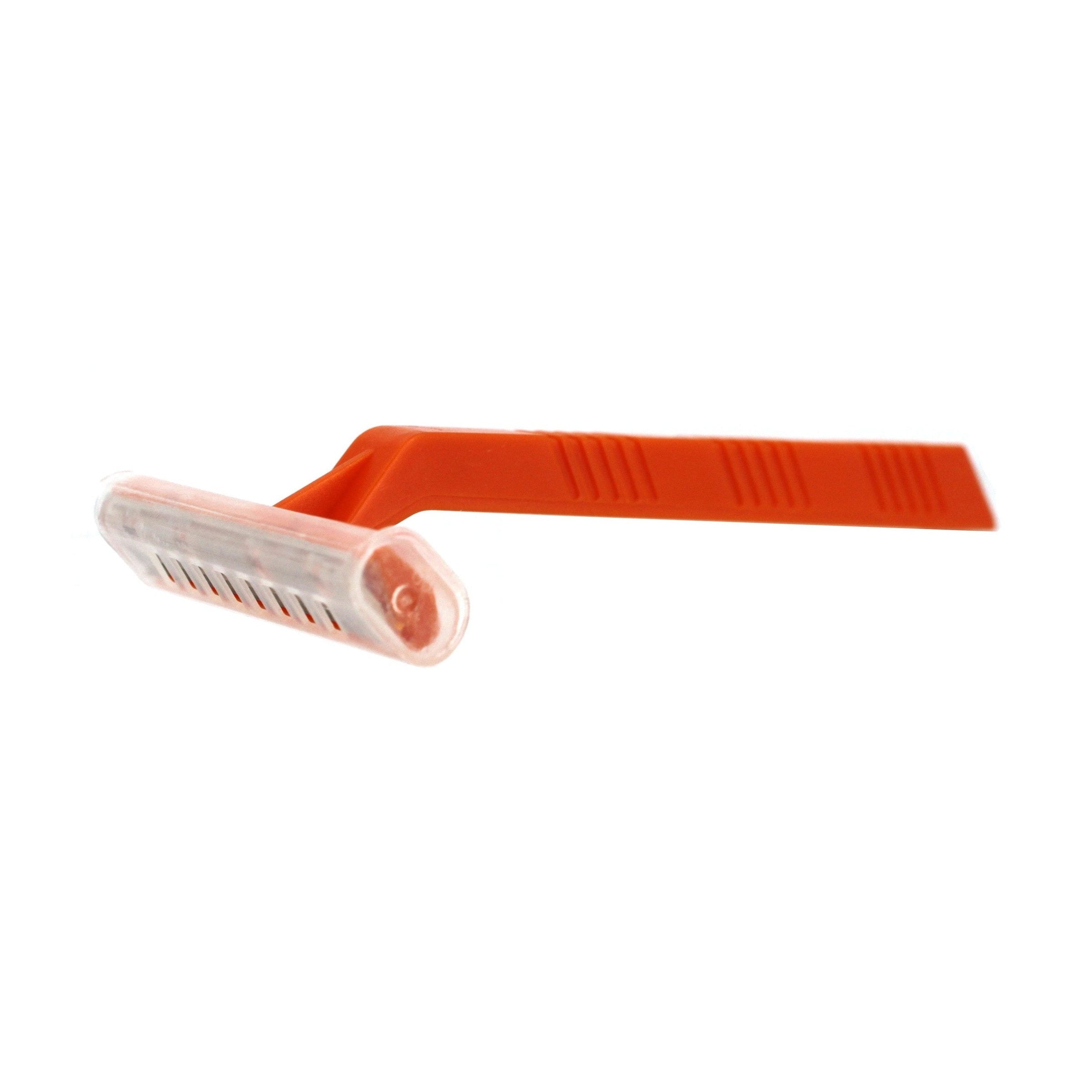 Orange disposable razor with plastic blade cover.